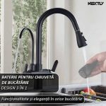 Baterie multifunctionala pentru chiuveta, NEXTLY, tip lebada, dubla, cap extensibil si retractabil, doua moduri de jet, baterie pentru apa filtrata, rotatie 360°, negru mat - imagine 3