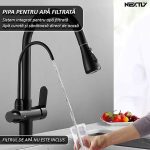 Baterie multifunctionala pentru chiuveta, NEXTLY, tip lebada, dubla, cap extensibil si retractabil, doua moduri de jet, baterie pentru apa filtrata, rotatie 360°, negru mat - imagine 8