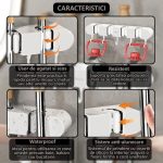 Suport de perete pentru depozitare maturi, mopuri si alte accesorii NEXTLY, organizator multifunctional bucatarie, baie, balcon, 4 cleme si 5 carlige retractabile, anti-alunecare, waterproof, prindere cu adeziv, ABS, alb - imagine 7