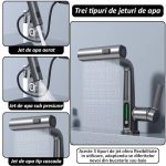 Baterie pentru chiuveta NEXTLY, pentru bucatarie si baie, cap extensibil si retractabil, 3 moduri de jet - aerat/sub presiune/tip cascada, afisaj LED cu iluminare temperatura, rotire la 360°, ajustabil pe inaltime, gri metalizat inchis - imagine 3