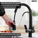 Baterie multifunctionala pentru chiuveta, NEXTLY, tip lebada, dubla, cap extensibil si retractabil, doua moduri de jet, baterie pentru apa filtrata, rotatie 360°, negru mat - imagine 4