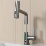 Baterie pentru chiuveta NEXTLY, pentru bucatarie si baie, cap extensibil si retractabil, 3 moduri de jet - aerat/sub presiune/tip cascada, afisaj LED cu iluminare temperatura, rotire la 360°, ajustabil pe inaltime, gri metalizat inchis - imagine 15