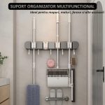 Suport de perete pentru depozitare maturi, mopuri si alte accesorii NEXTLY, organizator multifunctional bucatarie, baie, balcon, 4 cleme si 5 carlige retractabile, anti-alunecare, waterproof, prindere cu adeziv, ABS, alb - imagine 2