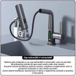 Baterie pentru chiuveta NEXTLY, pentru bucatarie si baie, cap extensibil si retractabil, 3 moduri de jet - aerat/sub presiune/tip cascada, afisaj LED cu iluminare temperatura, rotire la 360°, ajustabil pe inaltime, gri metalizat inchis - imagine 6