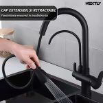 Baterie multifunctionala pentru chiuveta, NEXTLY, tip lebada, dubla, cap extensibil si retractabil, doua moduri de jet, baterie pentru apa filtrata, rotatie 360°, negru mat - imagine 5