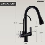 Baterie multifunctionala pentru chiuveta, NEXTLY, tip lebada, dubla, cap extensibil si retractabil, doua moduri de jet, baterie pentru apa filtrata, rotatie 360°, negru mat - imagine 10