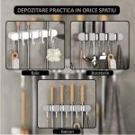 Suport de perete pentru depozitare maturi, mopuri si alte accesorii NEXTLY, organizator multifunctional bucatarie, baie, balcon, 4 cleme si 5 carlige retractabile, anti-alunecare, waterproof, prindere cu adeziv, ABS, alb - imagine 4