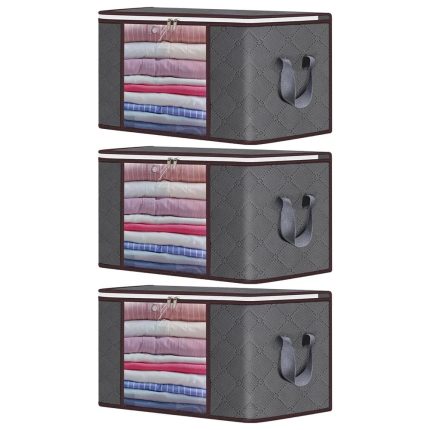 Set 3 x Organizator pentru haine, perne, pilote, jucarii si alte accesorii NEXTLY, geanta depozitare pliabila, fereastra de vizualizare, material respirabil, capacitate mare, inchidere cu fermoar dublu, 47x47x28cm S, gri