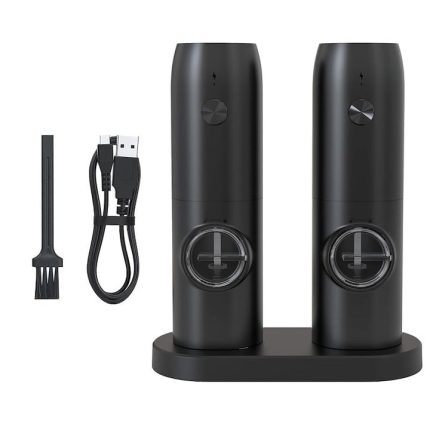 Set 2 rasnite electrice cu stand de incarcare NEXTLY, pentru sare, piper si alte condimente, reincarcabile, 5 trepte de macinare, iluminare LED, cablu USB Tip C, negru
