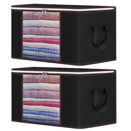 Set 2 x Organizator pentru haine, perne, pilote, jucarii si alte accesorii NEXTLY, geanta depozitare pliabila, fereastra de vizualizare, material respirabil, capacitate mare, inchidere cu fermoar dublu, 47x47x28cm S, negru
