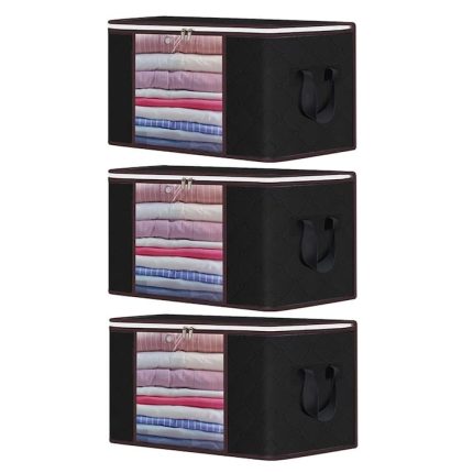 Set 3 x Organizator pentru haine, perne, pilote, jucarii si alte accesorii NEXTLY, geanta depozitare pliabila, fereastra de vizualizare, material respirabil, capacitate mare, inchidere cu fermoar dublu, 47x47x28cm S, negru