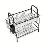 Scurgator de vase etajat NEXTLY, suport cu 2 nivele, suporturi tacamuri/cutite/ustensile de bucatarie/tocator, 2 tavi de scurgere, metal, negru - imagine 10