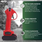 Foarfeca electrica pentru taiat NEXTLY, pentru gradina, vie, copaci, 2 acumulatori inclusi 24V, geanta transport, lame din otel, diametru taiere 25mm, accesorii incluse, rosu - imagine 3