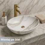 Lavoar ceramic cu montaj pe blat, NEXTLY, ceramica sanitara, design tip marmura, finisaje premium, lucios, design modern, 56x38.5x15 cm, alb cu insertii aurii - imagine 2