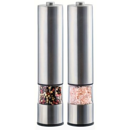 Set 2 rasnite electrice NEXTLY, pentru sare, piper si alte condimente, reincarcabile, 4 trepte de macinare, iluminare LED, functionare pe baterii, inox, argintiu
