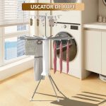 Uscator de rufe tip umbrela NEXTLY, compartimentat pe 2 niveluri, design compact, ergonomic, pliabil, mobil, brate retractabile, capacitate mare de incarcare, 80cm inaltime pliat - 185cm inaltime deschis, alb-gri - imagine 2