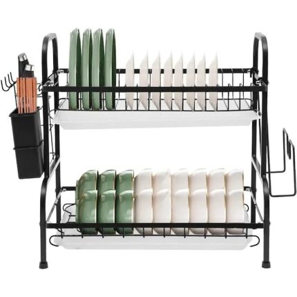 Scurgator de vase etajat NEXTLY, suport cu 2 nivele, suporturi tacamuri/cutite/ustensile de bucatarie/tocator, 2 tavi de scurgere, metal, negru