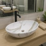 Lavoar ceramic cu montaj pe blat, NEXTLY, ceramica sanitara, design tip marmura, finisaje premium, lucios, design modern, 56x38.5x15 cm, alb cu insertii aurii - imagine 4
