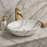 Lavoar ceramic cu montaj pe blat, NEXTLY, ceramica sanitara, design tip marmura, finisaje premium, lucios, design modern, 56x38.5x15 cm, alb cu insertii aurii - imagine 6