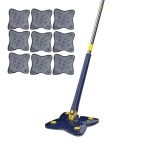 Set mop multifunctional cu 9 lavete NEXTLY pentru suprafete uscate si umede, cap forma de stea rotativ 360° si pliabil 180°, stergator pentru geamuri, podele, pereti, mobila, laveta microfibra lavabila si detasabila, maner 110cm, albastru
