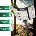 Lampa solara stradala de exterior cu telecomanda NEXTLY, ajustabila, 560 leduri SMD, lumina alb rece, 3 moduri de functionare, senzori de miscare si lumina, stare de veghe, iluminare continua, waterproof, unghi de iluminare 120°, ABS, W787-2, negru - imagine 6