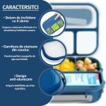 Caserola compartimentata NEXTLY, anti-scurgere, 4 compartimente, loc pentru tacamuri, capac transparent, compatibil cu microunde si masina de spalat vase, material PP, furculita inclusa, 22.5x16x6.5cm, 1300ml, albastru - imagine 4