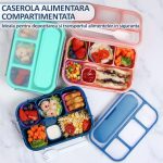 Caserola compartimentata NEXTLY, anti-scurgere, 4 compartimente, loc pentru tacamuri, capac transparent, compatibil cu microunde si masina de spalat vase, material PP, furculita inclusa, 22.5x16x6.5cm, 1300ml, albastru - imagine 2