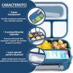 Caserola compartimentata NEXTLY, anti-scurgere, 4 compartimente, loc pentru tacamuri, capac transparent, compatibil cu microunde si masina de spalat vase, material PP, furculita inclusa, 22.5x16x6.5cm, 1300ml, albastru - imagine 3