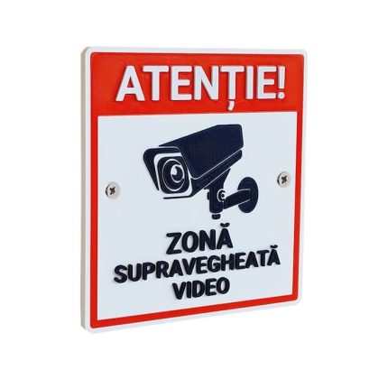 Indicator de avertizare "ATENTIE! ZONA SUPRAVEGHEATA VIDEO" NEXTLY, semn de atentionare din PETG, imprimare 3D, litere volumetrice, rezistenta la UV/apa/impact, gauri de fixare, 15x14cm, 6mm grosime, alb