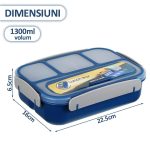 Caserola compartimentata NEXTLY, anti-scurgere, 4 compartimente, loc pentru tacamuri, capac transparent, compatibil cu microunde si masina de spalat vase, material PP, furculita inclusa, 22.5x16x6.5cm, 1300ml, albastru - imagine 8