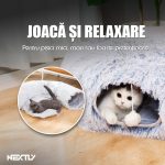 Patut pisici si caini 2 in 1 NEXTLY, tunel cu 2 iesiri si mingi pentru joaca, material tip blanita pufos, perna detasabila diametru 40cm, baza anti-alunecare, 85x55cm, gri - imagine 4