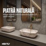 Lavoar ceramic cu montaj pe blat, NEXTLY, ceramica sanitara, design tip marmura, finisaje premium, lucios, design modern, 36x25x12.5 cm, gri cu insertii - imagine 4