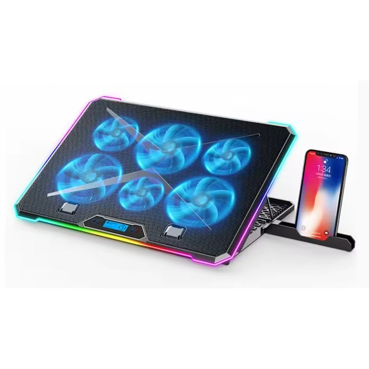 res_171377ac5ca507a20248226bf9a27d8f.jpg Cooler laptop cu suport de telefon NEXTLY, 6 ventilatoare cu viteza reglabila, ecran LCD, 7 moduri de iluminare RGB, 8 trepte de ajustare, 2 porturi USB, compatibil cu laptop-uri de pana la 18inch, 415x298mm, negru - imagine 1