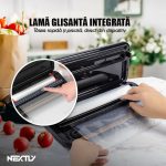 Set aparat de vidat cu vacuum alimente umede/uscate + 2 role 17cm NEXTLY, functii de vidare si sigilare in mod automat/manual/separat, vidare externa, buton oprire, spatiu depozitare rola de vidat 28cm, lama integrata pentru taiere, 110W, 85kpa, negru - imagine 5
