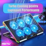 Cooler laptop cu suport de telefon NEXTLY, 6 ventilatoare cu viteza reglabila, ecran LCD, 7 moduri de iluminare RGB, 8 trepte de ajustare, 2 porturi USB, compatibil cu laptop-uri de pana la 18inch, 415x298mm, negru - imagine 2