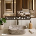 Lavoar ceramic cu montaj pe blat, NEXTLY, ceramica sanitara, design tip marmura, finisaje premium, lucios, design modern, 36x25x12.5 cm, gri cu insertii - imagine 6