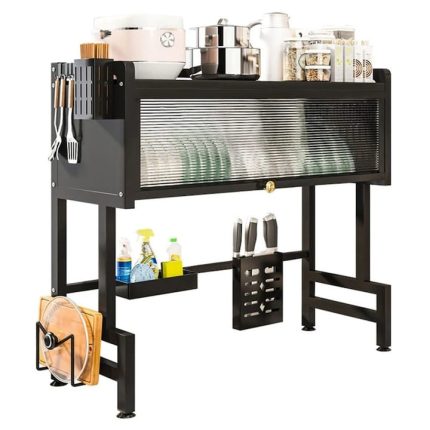 Scurgator de vase multifunctional NEXTLY, instalare deasupra chiuvetei, 4 suporturi + 6 carlige incluse, raft superior, usa din policarbonat, cadru rezistent din otel inoxidabil, 105x28x77cm, negru