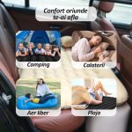 Saltea auto gonflabila NEXTLY, pentru bancheta/camping/cort/plaja, material catifelat, 2 perne si pompa pentru umflare incluse, 130x80cm, sustine pana la 136kg, sac depozitare, kit reparatii, material PVC confortabil si rezistent, gri - imagine 3