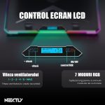 Cooler laptop cu suport de telefon NEXTLY, 6 ventilatoare cu viteza reglabila, ecran LCD, 7 moduri de iluminare RGB, 8 trepte de ajustare, 2 porturi USB, compatibil cu laptop-uri de pana la 18inch, 415x298mm, negru - imagine 10