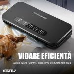 Set aparat de vidat cu vacuum alimente umede/uscate + 4 role 17cm NEXTLY, functii de vidare si sigilare in mod automat/manual/separat, vidare externa, buton oprire, spatiu depozitare rola de vidat 28cm, lama integrata pentru taiere, 110W, 85kpa, negru - imagine 3