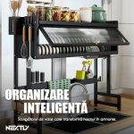 Scurgator de vase multifunctional NEXTLY, instalare deasupra chiuvetei, 4 suporturi + 6 carlige incluse, raft superior, usa din policarbonat, cadru rezistent din otel inoxidabil, 105x28x77cm, negru - imagine 2