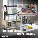 Scurgator de vase multifunctional NEXTLY, instalare deasupra chiuvetei, 4 suporturi + 6 carlige incluse, raft superior, usa din policarbonat, cadru rezistent din otel inoxidabil, 105x28x77cm, negru - imagine 5
