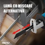 Fierastrau electric tip sabie NEXTLY, 2 acumulatori de 48V, 4 lame, lemn/metal, taiere alternativa, 3000 curse pe minut, 0-100mm capacitate de taiere, cursa de 20mm, tip soricel, negru-albastru - imagine 6
