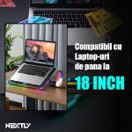 Cooler laptop cu suport de telefon NEXTLY, 6 ventilatoare cu viteza reglabila, ecran LCD, 7 moduri de iluminare RGB, 8 trepte de ajustare, 2 porturi USB, compatibil cu laptop-uri de pana la 18inch, 415x298mm, negru - imagine 5