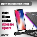 Cooler laptop cu suport de telefon NEXTLY, 6 ventilatoare cu viteza reglabila, ecran LCD, 7 moduri de iluminare RGB, 8 trepte de ajustare, 2 porturi USB, compatibil cu laptop-uri de pana la 18inch, 415x298mm, negru - imagine 8
