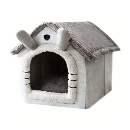 Patut caini si pisici in forma de casa NEXTLY, acoperis si perna detasabile, baza antialunecare, materiale pufoase - tesatura si bumbac PP, 30x30x30cm, gri