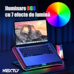 Cooler laptop cu suport de telefon NEXTLY, 6 ventilatoare cu viteza reglabila, ecran LCD, 7 moduri de iluminare RGB, 8 trepte de ajustare, 2 porturi USB, compatibil cu laptop-uri de pana la 18inch, 415x298mm, negru - imagine 6