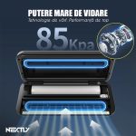 Set aparat de vidat cu vacuum alimente umede/uscate + 6 role 17cm NEXTLY, functii de vidare si sigilare in mod automat/manual/separat, vidare externa, buton oprire, spatiu depozitare rola de vidat 28cm, lama integrata pentru taiere, 110W, 85kpa, negru - imagine 6