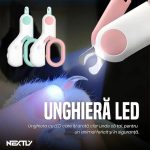 Cleste unghii cu LED pentru pisici/caini mici NEXTLY, 2 trepte de iluminare, maner ergonomic, lame curbate, functionare cu baterie, ABS si otel inoxidabil, 10.5x6.2cm, alb-roz - imagine 2