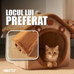 Patut caini si pisici in forma de casa NEXTLY, acoperis si perna detasabile, baza antialunecare, materiale pufoase - tesatura si bumbac PP, 30x30x30cm, maro - imagine 5